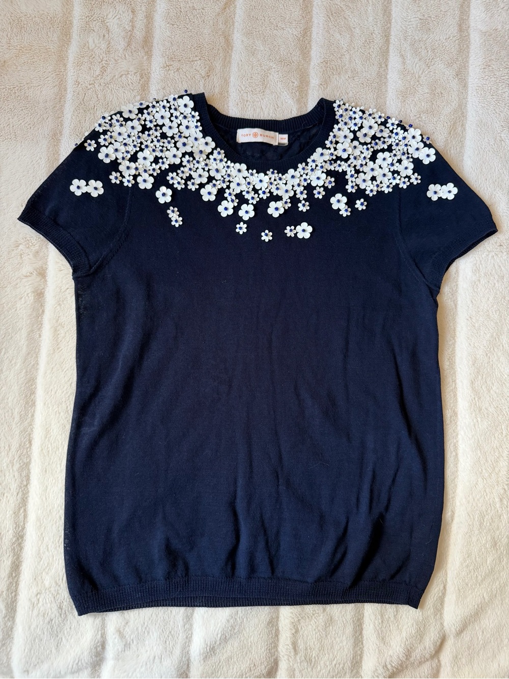 Tory Burch Flower Sequin Short Sleeve Top Navy White Size Medium - Picture 1 of 4